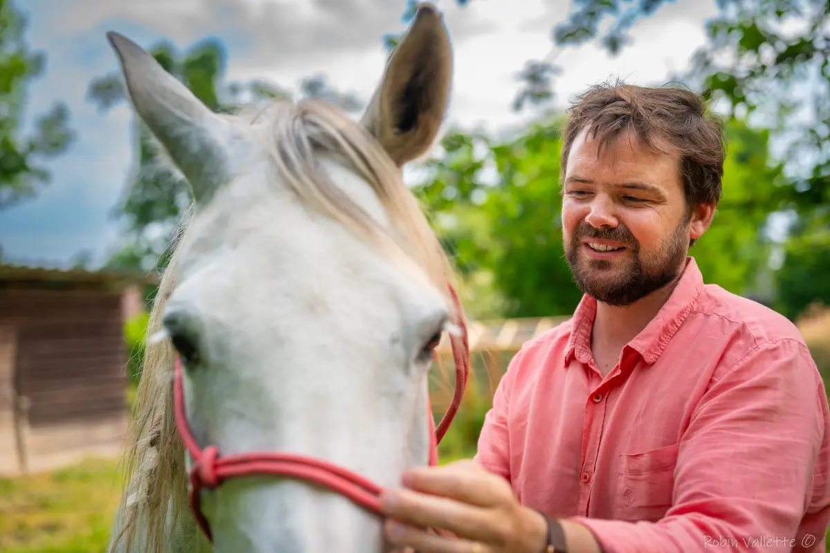 Equicoaching Morville-le-Héron — homme interagit avec un cheval dans un manège