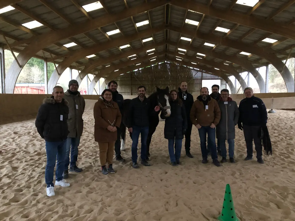 equicoaching Morville-le-Héron — femme en discussion avec un cheval dans un paddock